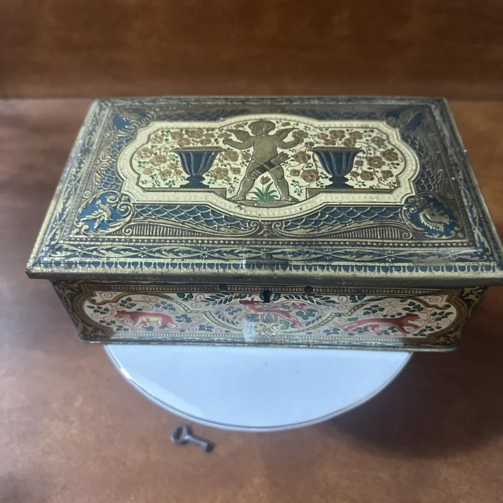Antique metal/tin box from candy/biscuits?-Early 1900's-Made in England w-key